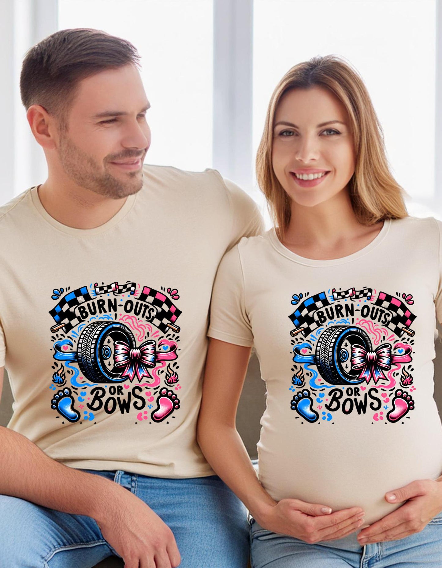 Gender Reveal,"Burnouts or Bows" Graphic Shirts|Crew Neck Sweater|Hoodies. Team Boy. Team Girl. Baby Shower Shirts.