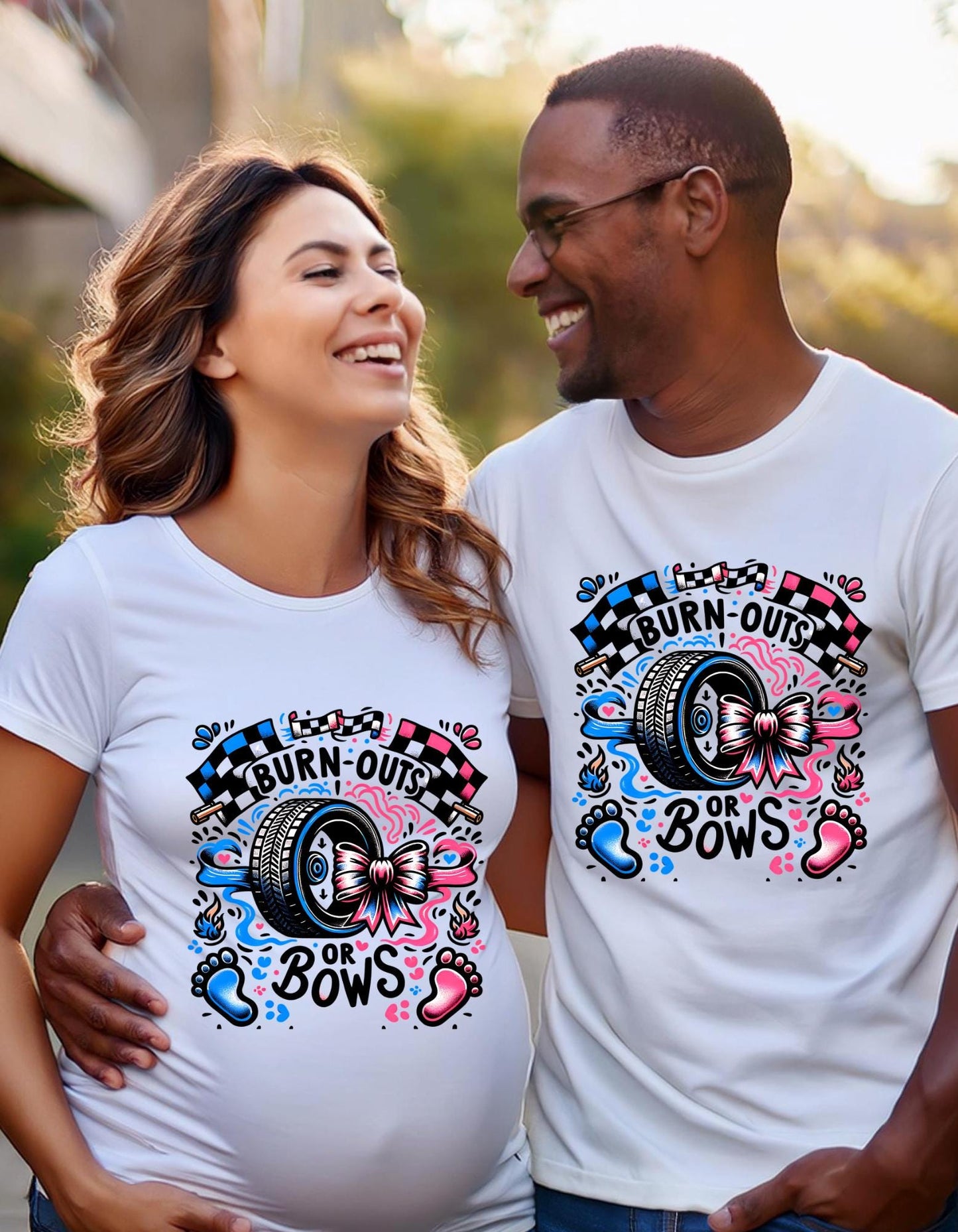 Gender Reveal,"Burnouts or Bows" Graphic Shirts|Crew Neck Sweater|Hoodies. Team Boy. Team Girl. Baby Shower Shirts.