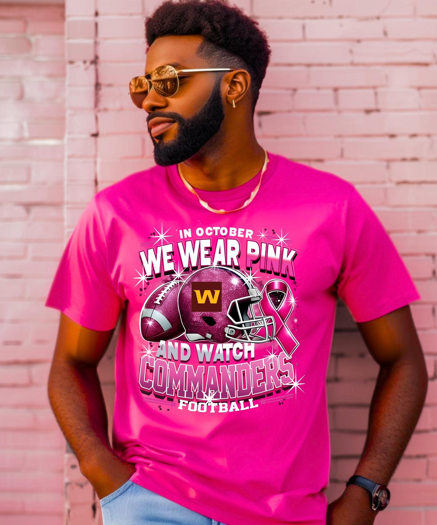 In October We Wear Pink and Watch Football - Breast Cancer Awareness Collection (T-Shirt, Hoodie, Crewneck) - All 32 NFL Teams Available!