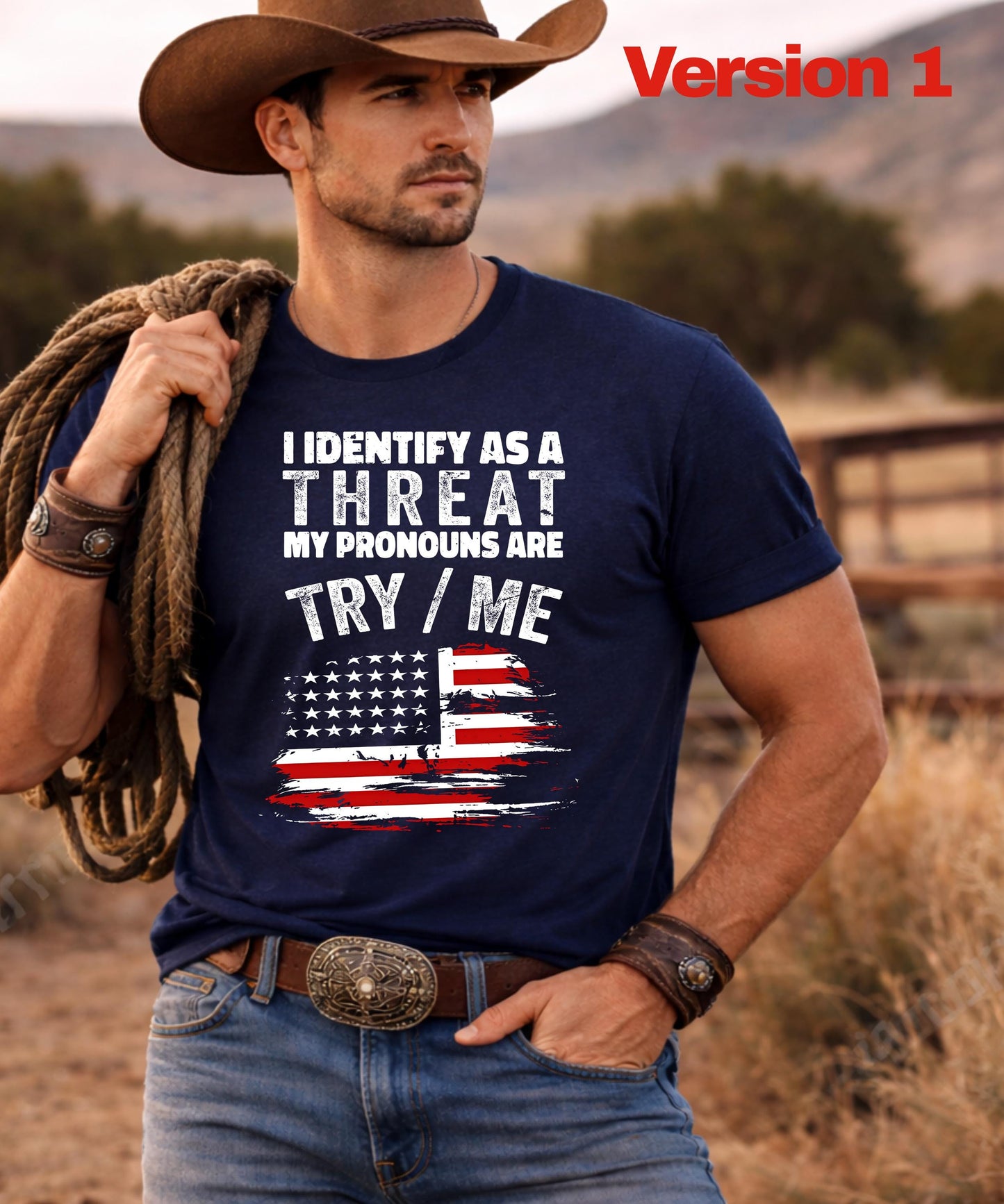 I Identify As A Threat My Pronouns Are Try Me Shirt | Patriotic American Flag Hoodie | Veteran Style Tee | Country Boy Shirt | Rodeo Outfit