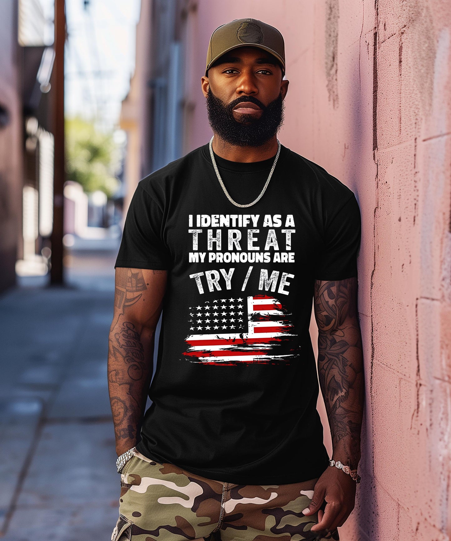 I Identify As A Threat My Pronouns Are Try Me Shirt | Patriotic American Flag Hoodie | Veteran Style Tee | Country Boy Shirt | Rodeo Outfit