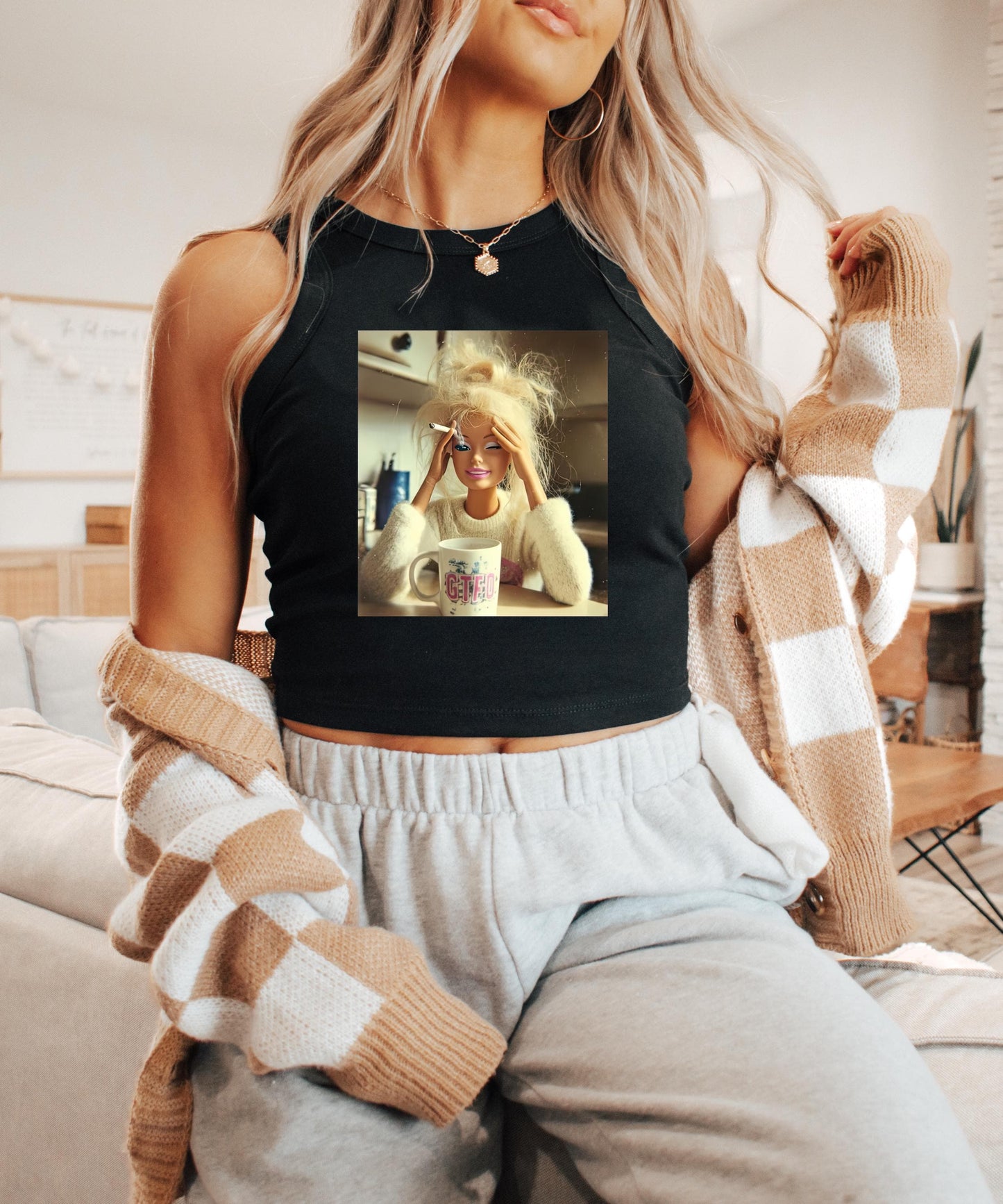 GTFO Coffee & A Smoke Messy Doll Cropped Tee | Sarcastic Y2K Tired Girl Vibe T-Shirt