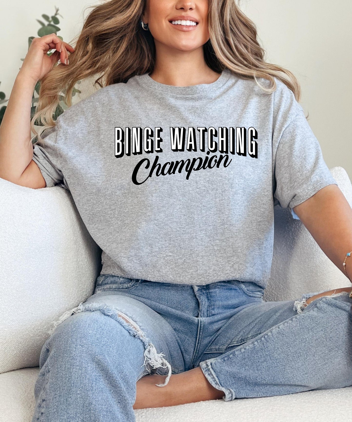 Binge Watching Champion Shirt, Funny TV Show Lover Graphic Tee, Lazy Weekend Couch Potato Apparel Movie Night Crewneck Sweater