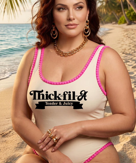 Thick-fil-A Swimsuit, Women's Bathing Suit, Tender & Juicy One Piece, Body Positivity Swimwear,   Curvy Girl Swimsuit, Girls Trip Beachwear