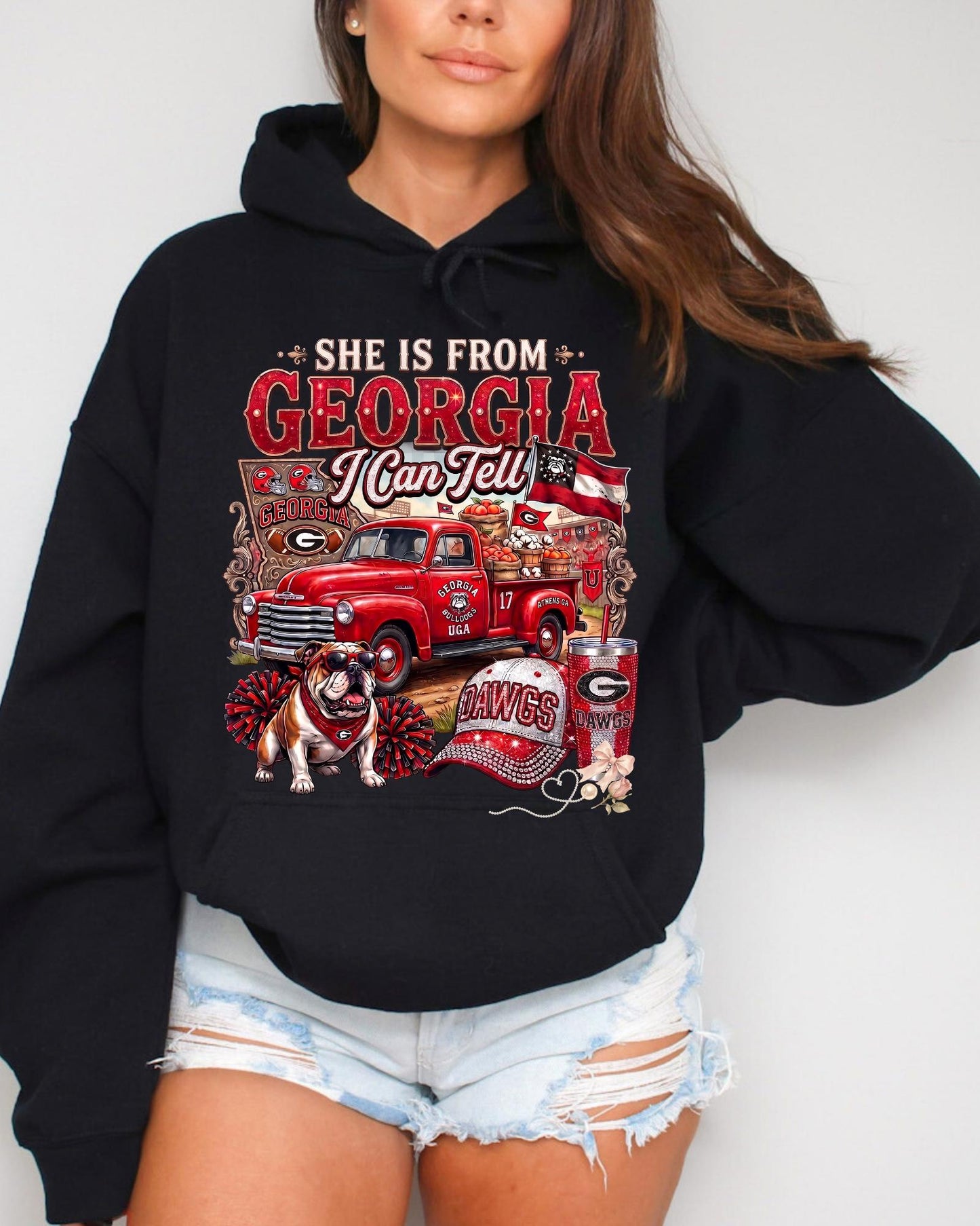 She Is From Georgia I Can Tell Shirt Game Day Tailgate Tee, Southern Girl Bulldog Apparel, Football Crewneck, Vintage Truck Hoodie Dawgs Top