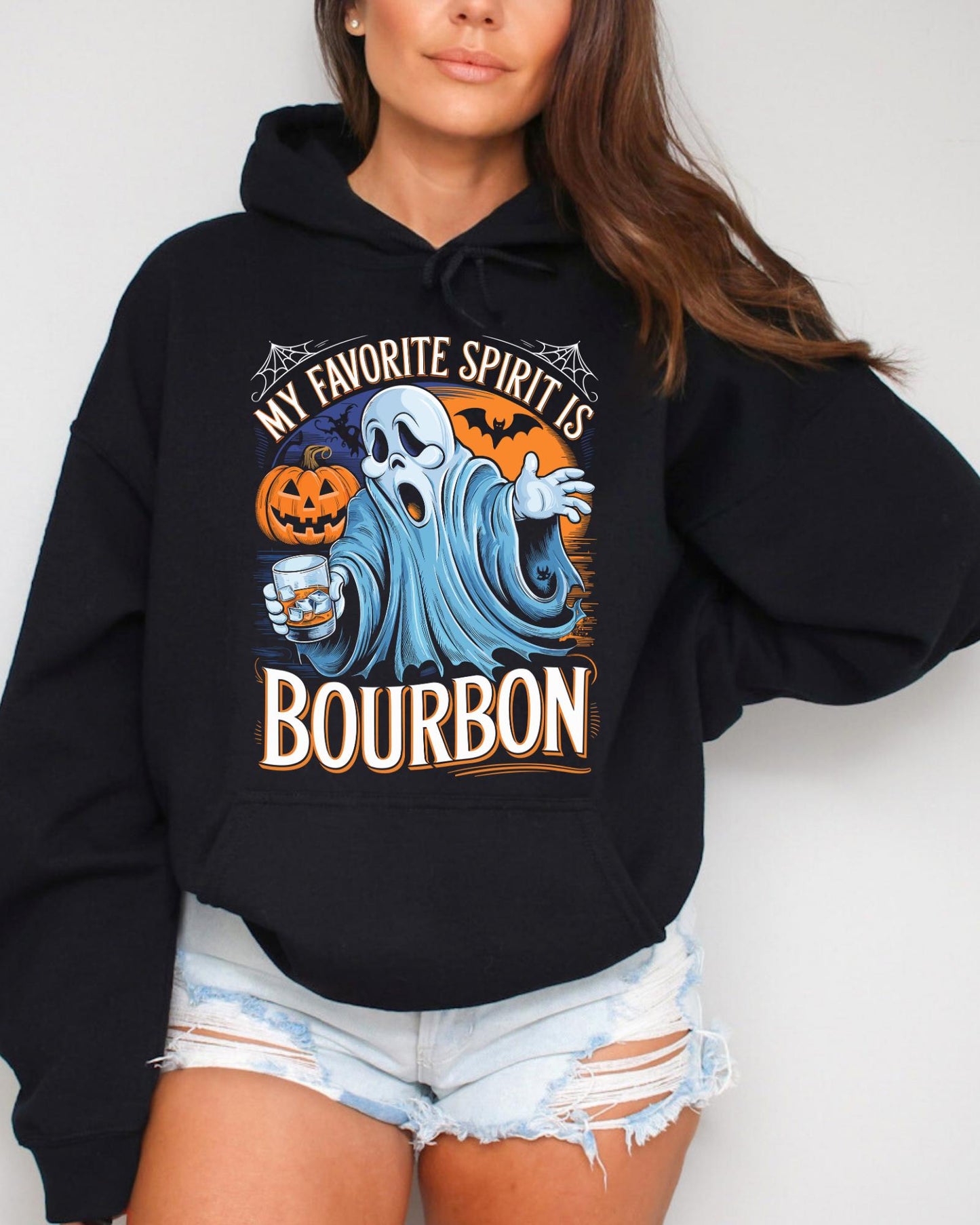 My Favorite Spirit Is Bourbon Shirt, Funny Halloween Ghost Tee, Whiskey Lover Gift, Spooky Drinking Apparel, Black Pullover Hoodie Sweater