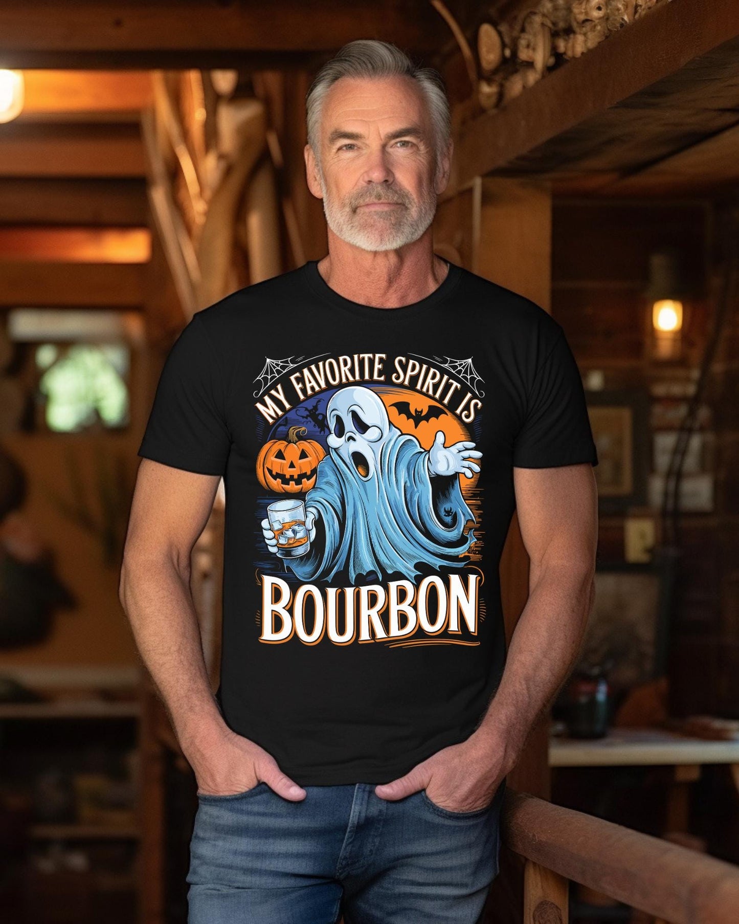 My Favorite Spirit Is Bourbon Shirt, Funny Halloween Ghost Tee, Whiskey Lover Gift, Spooky Drinking Apparel, Black Pullover Hoodie Sweater