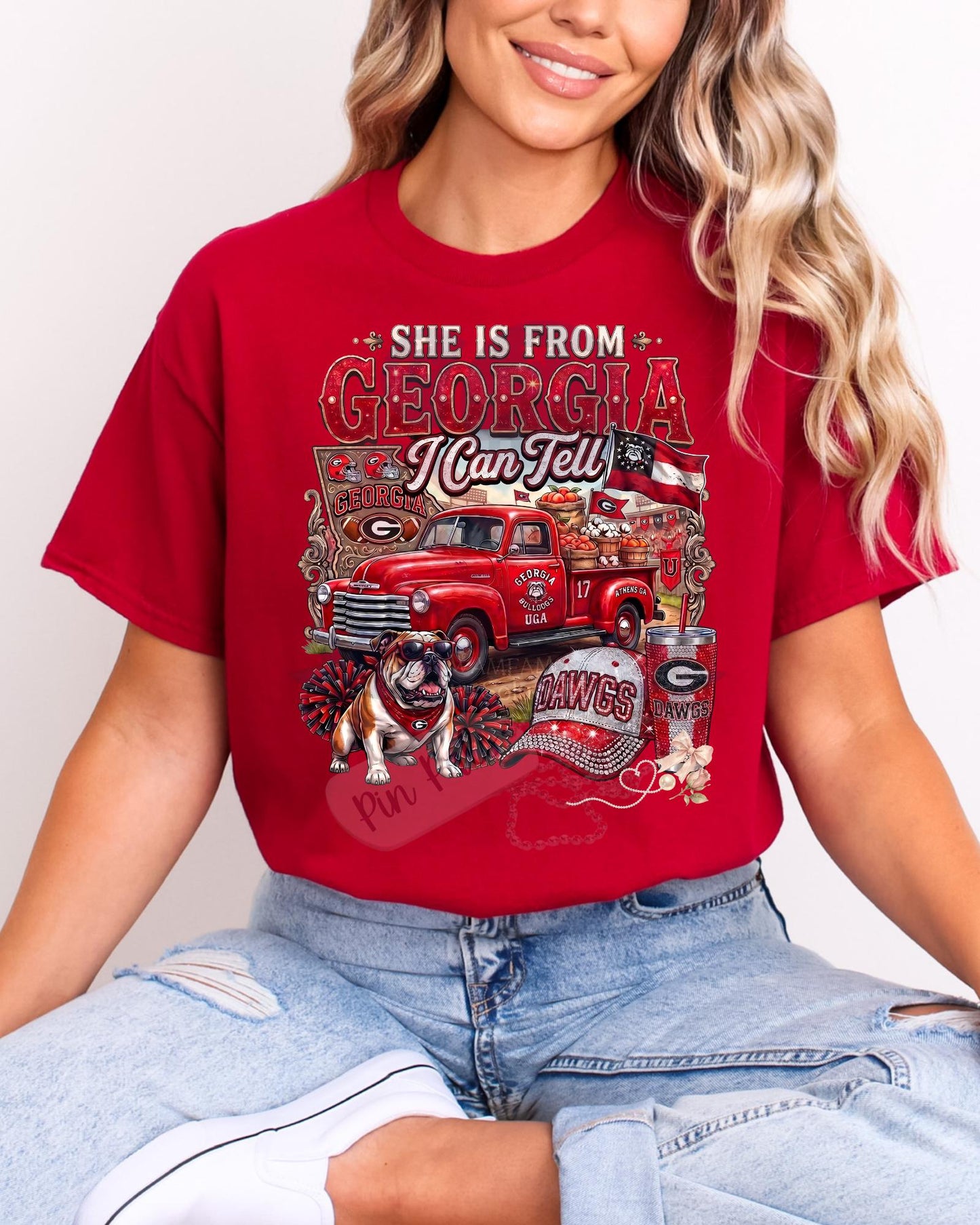 She is From Georgia I Can Tell - Georgia Bulldogs Game Day File - Vintage Red Truck Tailgate Design - DIY Apparel Digital Download