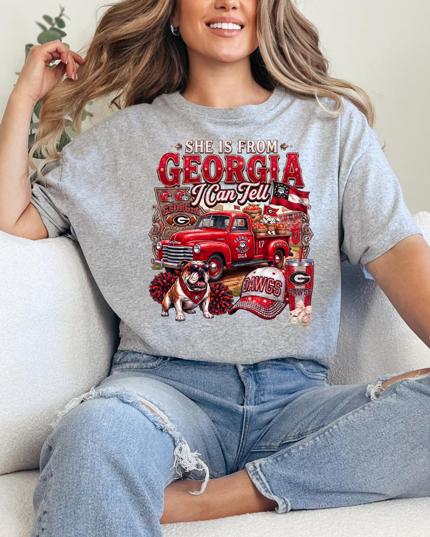 She Is From Georgia I Can Tell Shirt Game Day Tailgate Tee, Southern Girl Bulldog Apparel, Football Crewneck, Vintage Truck Hoodie Dawgs Top
