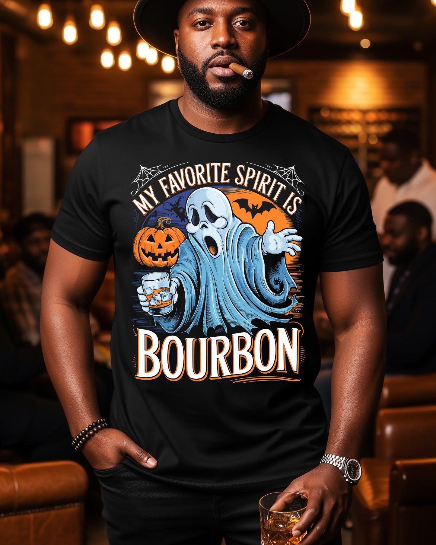 My Favorite Spirit Is Bourbon Shirt, Funny Halloween Ghost Tee, Whiskey Lover Gift, Spooky Drinking Apparel, Black Pullover Hoodie Sweater